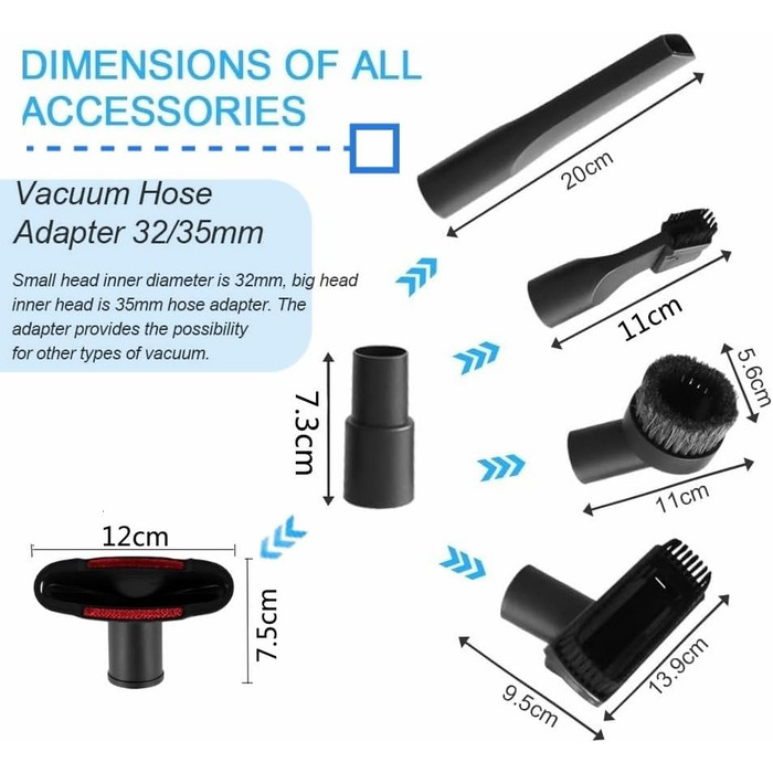 Набір насадок для пилососа BUZIFU 7 шт. 32-35 мм: універсальні насадки для меблів, матраців та щілин. Сумісні з Kärcher, Miele, Siemens, AEG, Bosch, Panasonic, Philips.