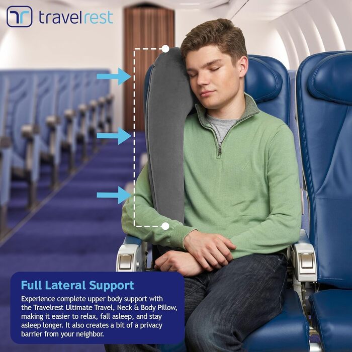 Travelrest Ultimate Travel Pillow for Neck and Body, Airplane and Car Seats, Inflatable, Space-Saving, for Sleeping on Long Flights, Naps on Road Trips, for Car and Bus Travel, Gray