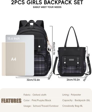 Шкільний рюкзак Tanou для дівчаток-підлітків, великий набір з сумкою через плече, в клітинку, 26л (чорний)