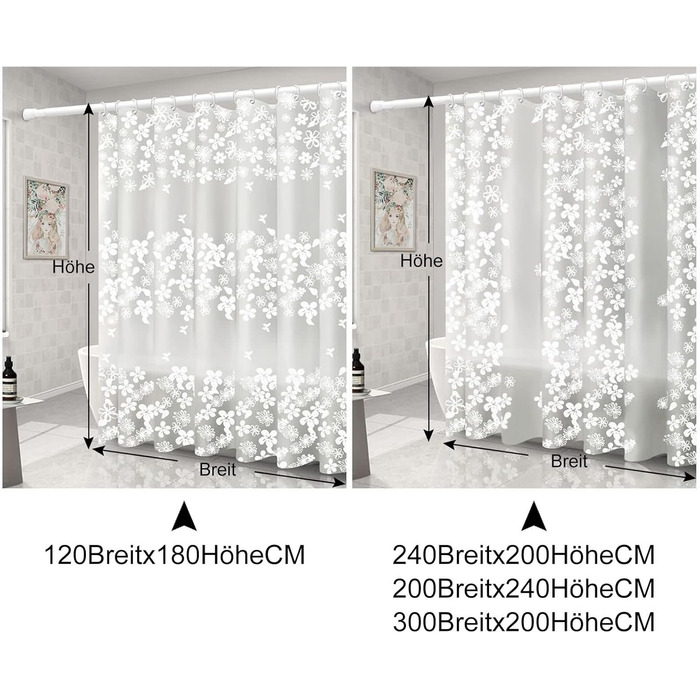Штора для душу миюча біла, прозора 300x200 см, PEVA, з малюнком квіти-сніжинки, антигрибкова, для ванної кімнати
