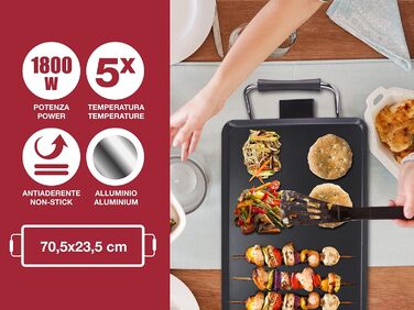 BEPER Electric Grill with Glass Lid - Non-Stick Coated Grill Plate, Stainless Steel, 1800W