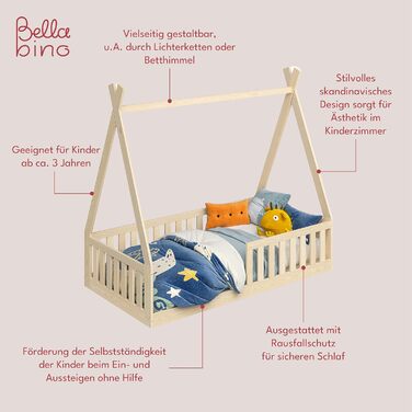Bellabino Tajo Children's Bed Base 80x160 cm, House Bed made of Solid Pine Wood with Fall Protection/Rail and Slatted Frame in Natural for Children from 3 Years