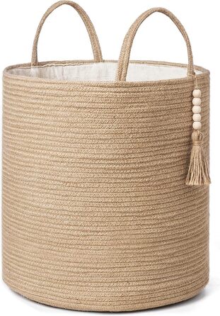 Hand-Woven Storage Basket with Handles, Decorative Cotton Rope Basket, Wood Bead Decoration for Blankets, Toys, Clothes, Living Room, Home Decor, 27.9 cm, White (Brown, 15
