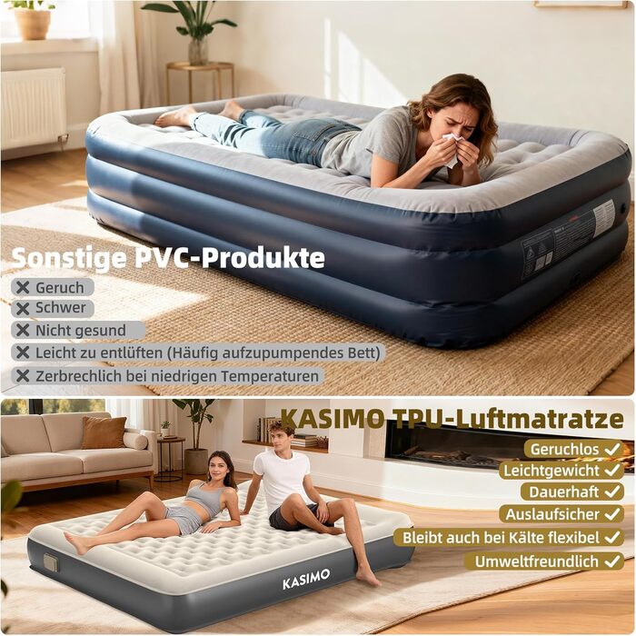 Матрац надувний KASIMO TPU самонадувний 1-місний з електричним насосом та подушкою, 190x90x22 см для дому та кемпінгу