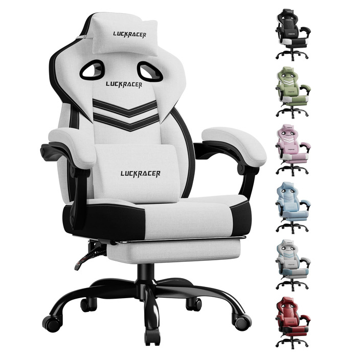 Ігрове крісло LUCKRACER для комп'ютера та офісу, з підставкою для ніг, подушкою з ефектом пам'яті, кутом нахилу 90–155° та міцною тканиною, витримує до 150 кг (Біле, Тканина)