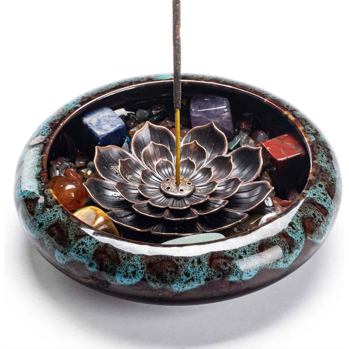 PIOSRTRR Incense Stick Holder-Lotus Incense Holder, Including Chakra Stones