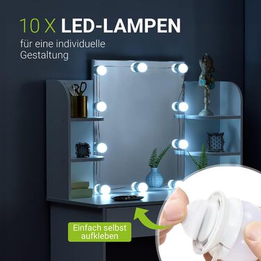 Косметичний стіл Juskys Bella з LED підсвічуванням, дзеркалом, шухлядою та 4 полицями, 108x40x140 см, білий, дерев'яний туалетний столик
