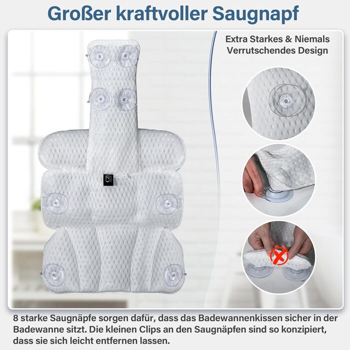 CZL Bathtub Pillow - Neck Pillow for Bathtub with 8 Suction Cups - 3-Piece Neck Pillow - Bathtub Accessories - Bath Pillow - Bathtub Cushion - Bathtub Pillow for Bathtub - White