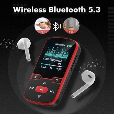 MP3 плеєр 64GB Bluetooth 5.3 з кліпсою, Hi-Fi, для спорту, з FM-радіо, диктофоном, крокоміром, підтримка картки до 128GB, червоний