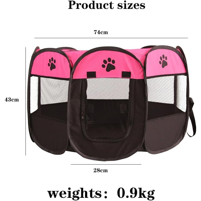 Розкладний вольєр для цуценят та котів, вольєр для тварин, 74x74x43 см, для собак, котів, кроликів, дрібних тварин (рожевий + чорний)