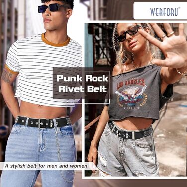 Чоловічий/Жіночий шкіряний ремінь WERFORU з пряжками у стилі панк-рок, металеві пряжки, для джинсів та штанів, розмір 90-100 см (C-чорний+ланцюжок, для розміру талії 68-80 см)
