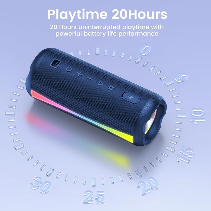 Портативна Bluetooth колонка 5.4 з RGB підсвіткою, водонепроникна IP7, чорний (Deep Blue). Гучний бас, 20 год автономії, гучний зв'язок. Для спорту та відпочинку.