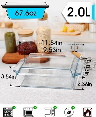 Прямокутна форма для запікання з кришкою, 2L, 24x20x6 см, скляна форма для лазаньї на 2 порції, для мікрохвильової печі та духовки