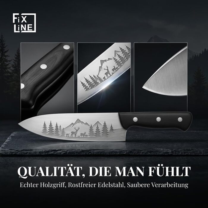 Ніж кухарський FIXLINE® Chefmesser 20 см BLACK FOREST Edition – професійний ніж для кухні, нержавіюча сталь, чорна дерев'яна ручка, подарункова упаковка