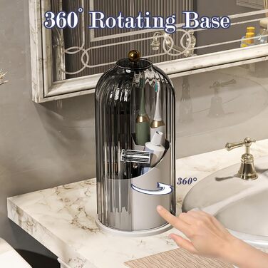 Dustproof Toothbrush Holder with Cover, Rotating Holder for Electric Toothbrush and Toothpaste for Bathroom Countertop, 3 Compartments, Makeup Brush Organizer, Complete (Gray, White)