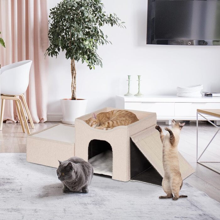 Будиночок для котів Relaxdays, 2 поверхи, для котів і маленьких собак, бежевий, 36,5x112x41 см, внутрішній, затишне місце для відпочинку