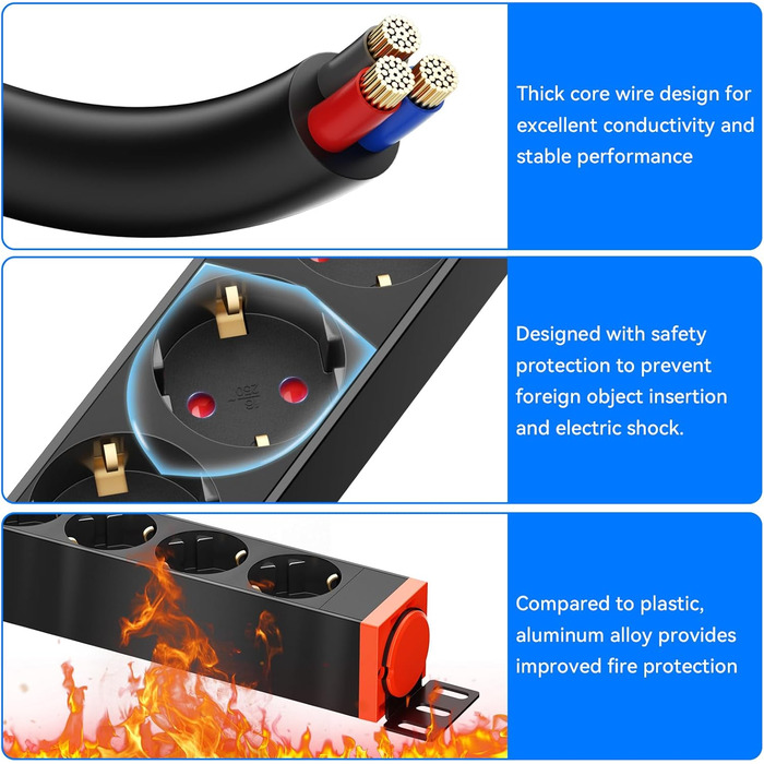 Мережевий фільтр 10 розеток з захистом від перенапруги, поворотний на 360°, для кріплення на стіну, кабель 1,8м, 16A/4000W, для офісу та дому, чорний