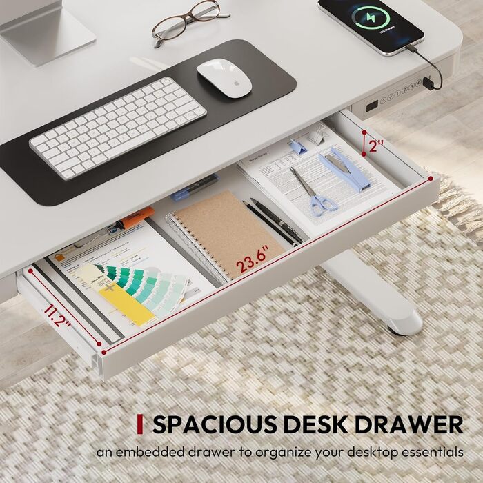 Електричний регульований стіл Sanodesk з ящиком, сенсорним керуванням та USB-портами, 120 x 60 см, білий + білий, висота 73.5-118 см