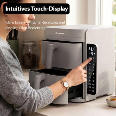 Аерофритюрниця з двома камерами LEHMANN XXL 12L, безмасляний Airfryer на 2800 Вт, 10 програм, антипригарне покриття, бежевий