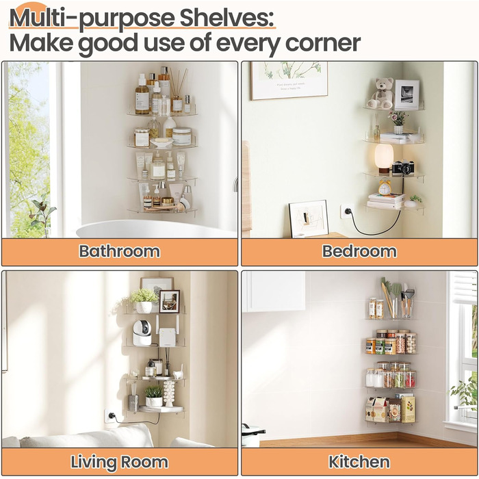 Настінні полиці Upsimples 4 шт. Білі, без свердління, 38 x 10 см, 2 способи кріплення, для ванної, спальні та кухні