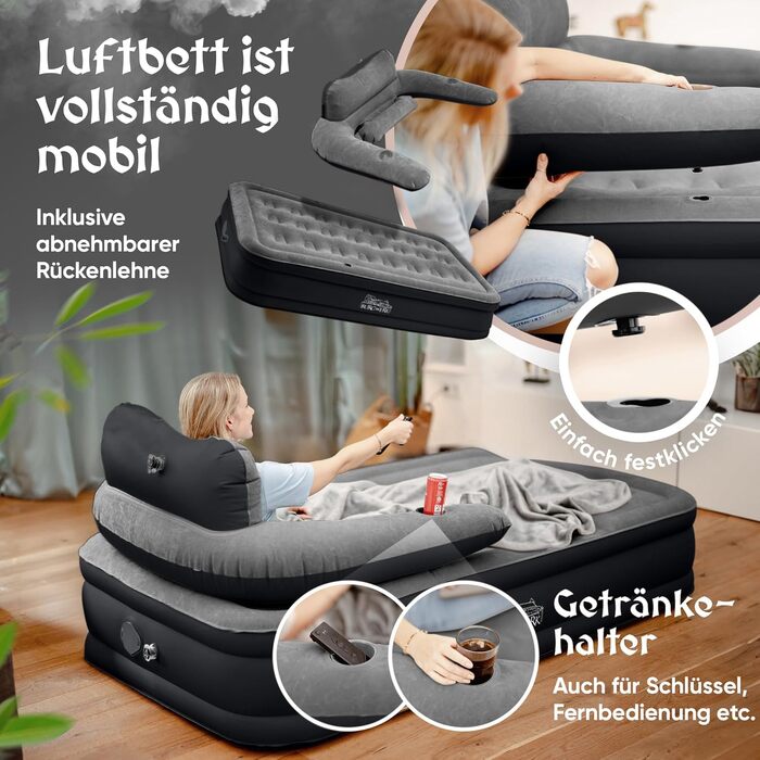 Надувне ліжко 3-в-1 | Гостьове та кемпінгове ліжко | Надувна матрац з електропомпою 150x200 | Самостійно надувна повітряна матрац (1 особа, Чорний/Антрацит)