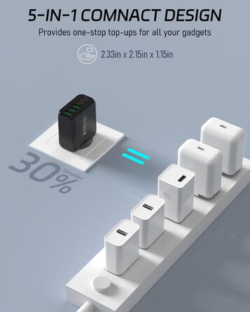 Мережевий адаптер USB C 50W 5 портів (2 USB C + 3 USB A) для iPhone, iPad, Samsung Galaxy, Google - білий/чорний