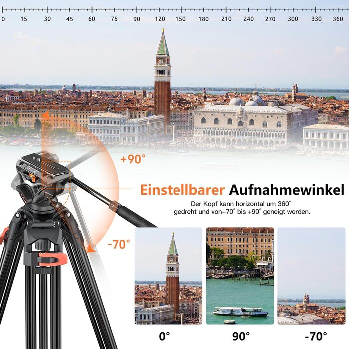 Штатив для камери COMAN 186см з алюмінію, 360° обертання та +/-90° нахил, відео штатив, максимальне навантаження 10кг