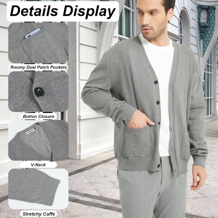 Чоловічий кардиган з в'язаного полотна, V-подібний виріз, бавовна, з ґудзиками та кишенями (сірий, M)