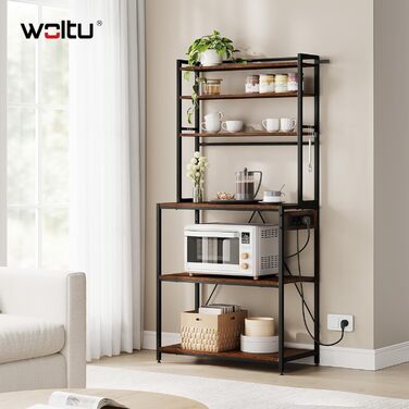 Кухонна полиця WOLTU з 6 ярусами, з розетками, для мікрохвильової печі, з металевим каркасом, регульовані полиці, Чорний+Рустик Браун, 60 x 167 x 40 см (Чорний+Вінтаж Браун, 80 x 39,5 x 167 см)