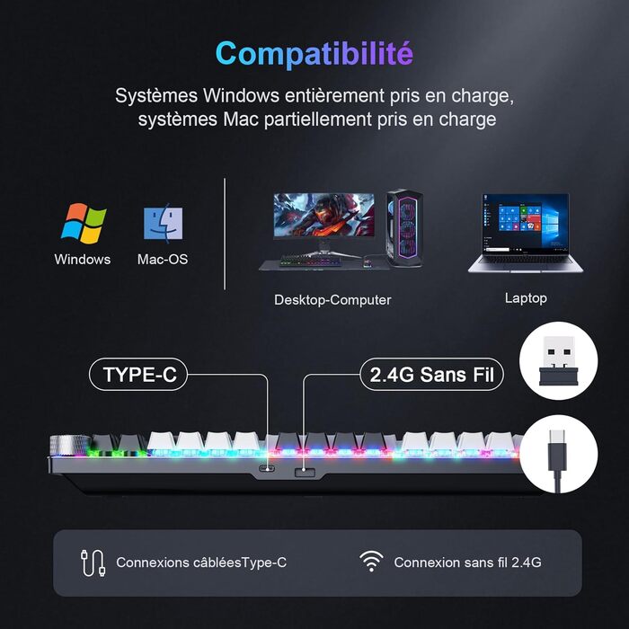 Механічна ігрова клавіатура TECURS бездротова 80% TKL з підсвічуванням, Red Switch, QWERTZ, для ПК, ноутбука, Windows, чорно-біла
