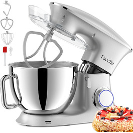 Facelle 2000W 8.5L Stand Mixer - Heavy Duty Dough & Bread Machine with Whisk, Dough Hook, Beater & Splash Guard for Baking Cakes, Cookies & Kneading - 6+ Speed (Silver)