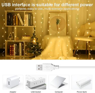 Ланцюжок LED-ліхтариків 2x2м, 200 LED, USB, тепле біле світло для декору свята, вечірки, Рамадану, весілля, кімнати