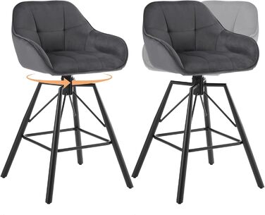 WOLTU 2-Piece Bar Stool Set - Swivel Barstools with Backrest & Footrest - Velvet Upholstered Metal Bar Chairs - Dark Grey