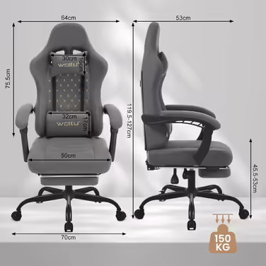 WOLTU Gaming Chair with Massage Function, Computer Chair with Pocket Spring Cushion, Ergonomic Gamer Recliner, Swivel Chair with Headrest, Lumbar Pillow, Footrest, 150 kg, Tech Fabric, Grey + Yellow, GS07gr Grey Tech Fabric