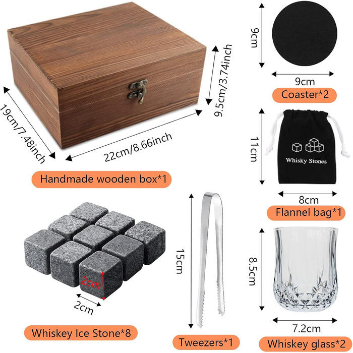 Набір для віскі з каменями, 8 каменів, 2 склянки 200 мл, 2 підставки, дерев'яна коробка, оксамитовий мішечок, пінцет. Подарункова коробка для чоловіків