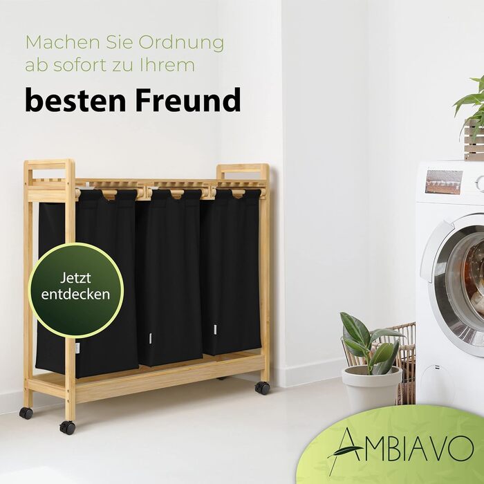 AMBIAVO® Laundry Basket with 3 Compartments and Wheels [black, 100% cotton, bamboo, 90 l volume] | Laundry Collector for dirty laundry | Laundry sorting system | Laundry sorter wood | Laundry box | laundry baskets