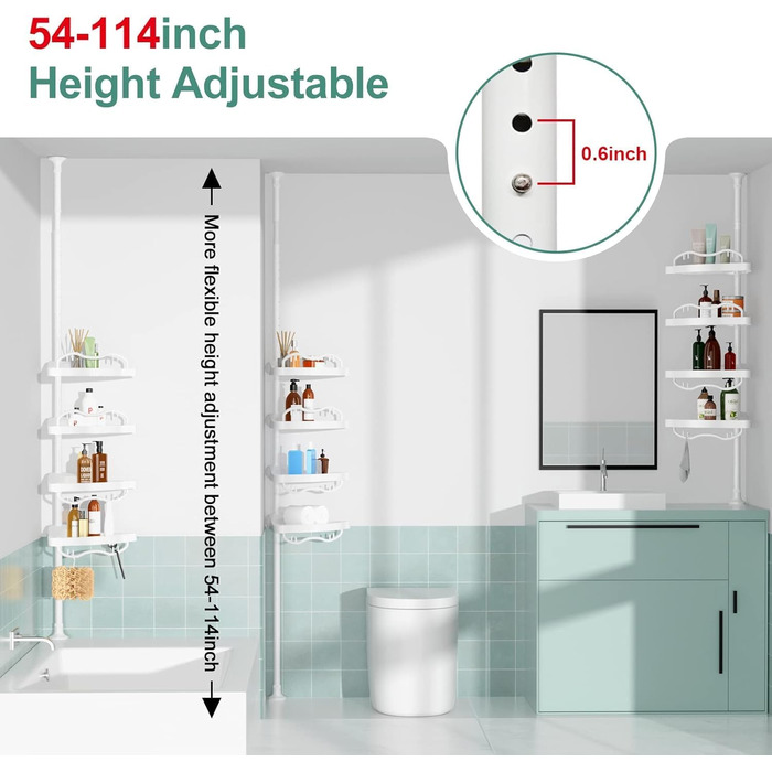 Shower Shelf No Drilling, 137-289cm 4-Tier Adjustable Telescopic Corner Shower Shelf, Shampoo Holder for Shower and Bathtub, Bathroom Kitchen Corner Shelf/White