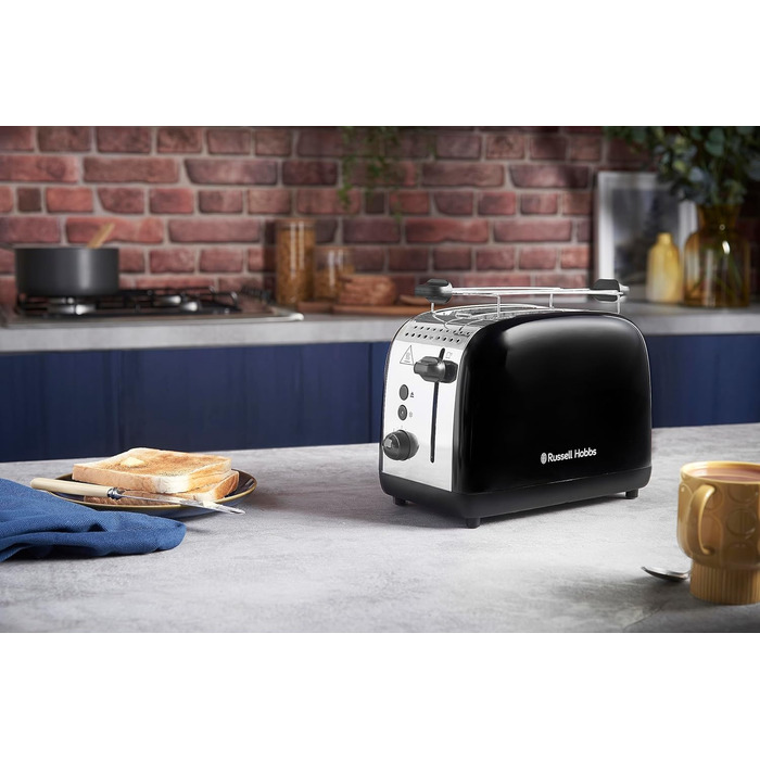 Тостер Russell Hobbs Colours Plus на 2 тости, нержавіюча сталь, чорний, з широкими відділеннями, підставкою для булочок, 6 режимів підсмажування, функцією розморожування, Lift & Look, 1600 Вт (26550-56)