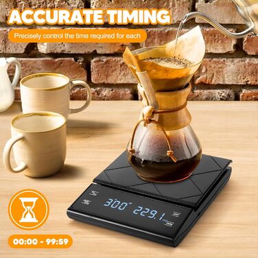Електронні ваги для кави Viitech, до 3 кг, з таймером, 0.1 г, для дому та офісу