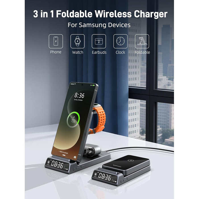 Бездротова зарядка для Samsung з годинником: станція для Galaxy S25 Ultra/S24/Z Fold 6/Flip 7/Bud, Watch, Galaxy Watch 8/7/6/5Pro, 3 в 1, сірий