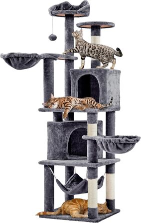 Кігтеточка Yaheetech XXL для котів, 175 см, для 3-4 котів, з платформами, гамаком, м'ячиком, сізаль, темно-сіра