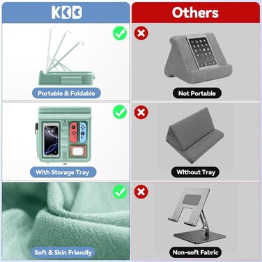 Підставка для планшета KDD з кишенею для зберігання, складана м'яка опора для ліжка та дивана, регульований тримач для iPad, Android, телефонів та стилуса (4-13 дюймів), зелений