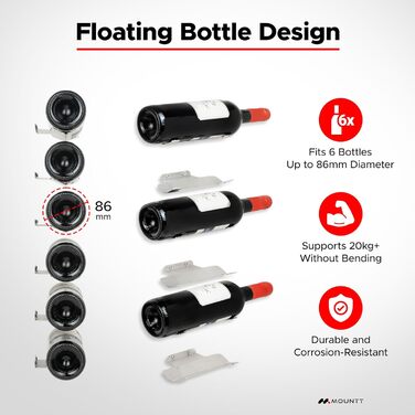 Настінна полиця для вина з нержавіючої сталі на 6 пляшок – стильна підвісна полиця для кухні та бару