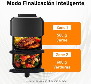 Фритюрниця без олії з 2 камерами на 10 літрів, Airfryer з 2 відсіками по 5л, тиха робота, 10 програм, приготування 2 страв одночасно, з оглядовим вікном, 3D циркуляція повітря