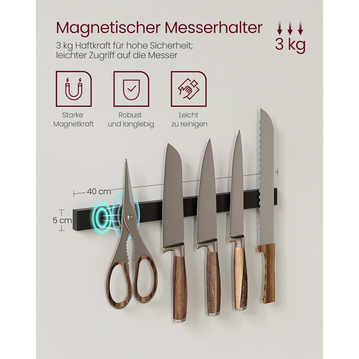 Стелаж кухонний VASAGLE, підлоговий, з магнітною смугою для ножів, кошиком, тримачем для рушників, 12 гачків, вінтажний, коричнево-чорний KKS026B01 (Грейж + Чорний)