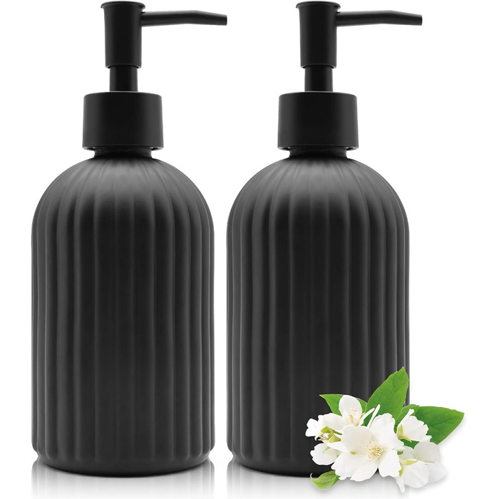Набір з 2 скляних дозаторів для мила з помпою, 400 мл, для мила, шампуню, лосьйону, багаторазові, для кухні, ванної, пральні (чорний)