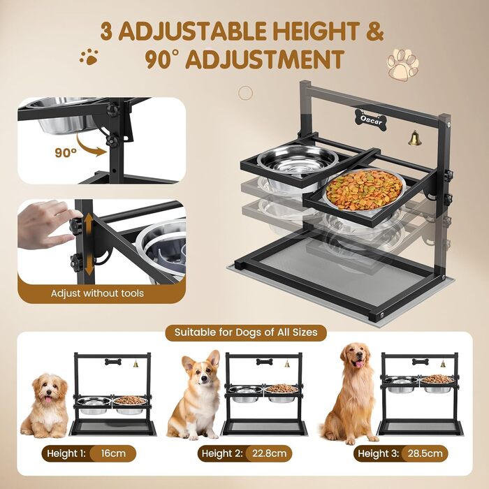 Підвищена годівниця для собак Sunowl, регульована висота та кут, 2 миски, нержавіюча сталь, повільне годування, антиковзаюча підставка