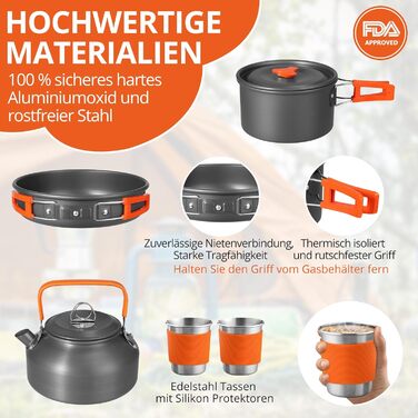 Набір посуду для кемпінгу Funykich 17 предметів: каструлі, сковорідки, чашки, столові прибори. Підходить для 2 осіб, пікніків, походів.