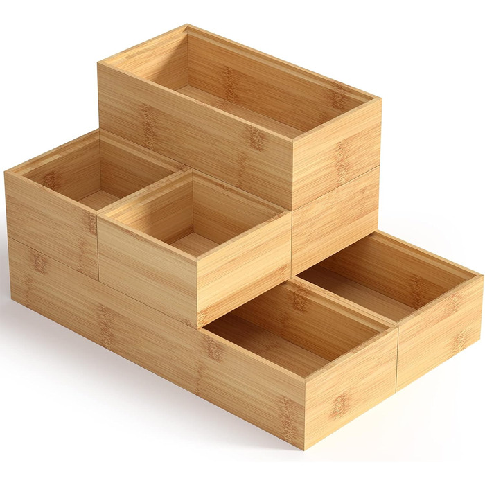 Rainsworth Drawer Organizer 5cm Height, Bamboo Box Stackable, Cosmetic Vanity Makeup Bathroom Organizer Box, 6 Piece Kitchen Drawer Organization System, Christmas Gifts Storage Box