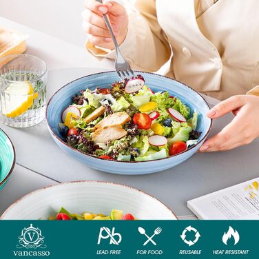 Набір Suppenteller Vancasso Bonita (6 шт.) з кераміки: тарілки для супу, пасти, спагеті, рамену, салатів, універсальні (1.4 л, блакитні)